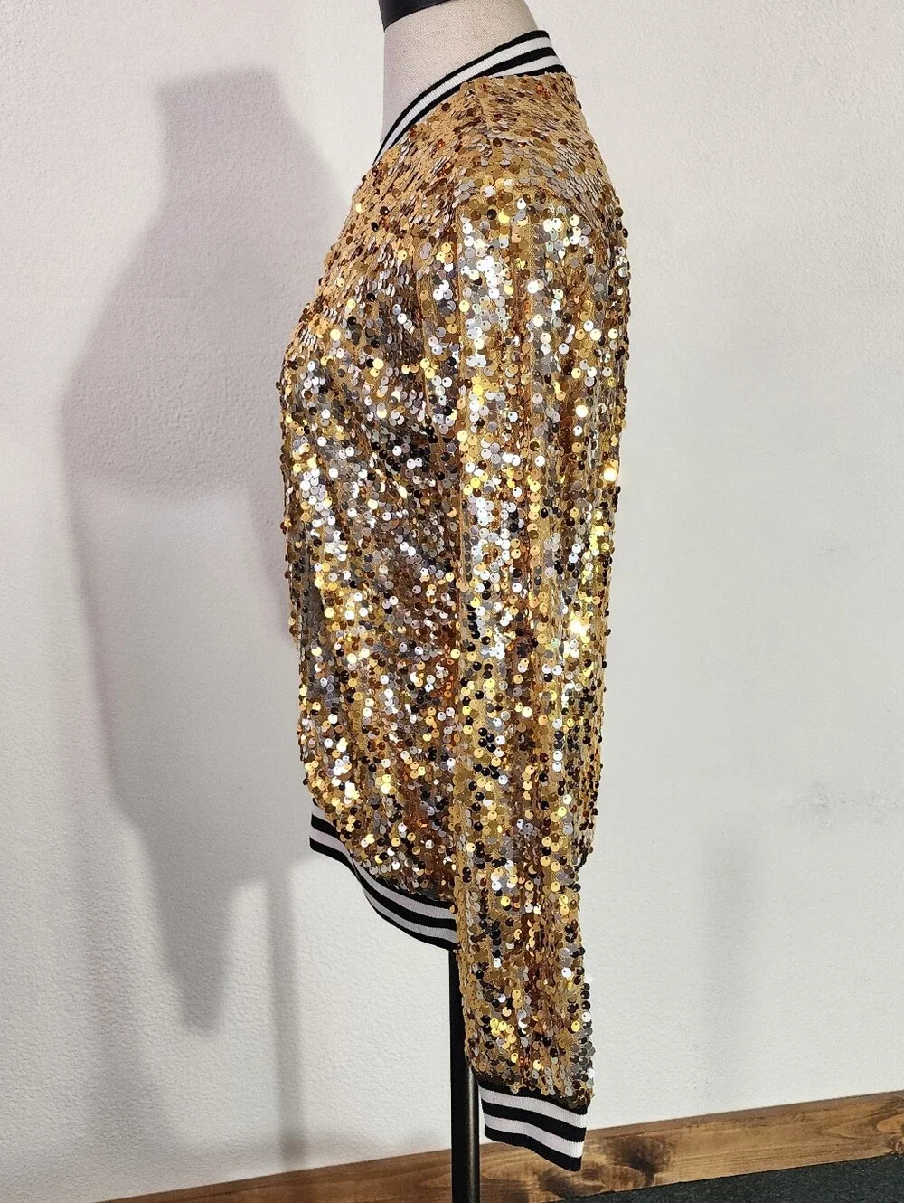 Anna-Kaci Jacket Gold Sequin Bomber Style Sparling Gold Size S - Picture 10 of 17